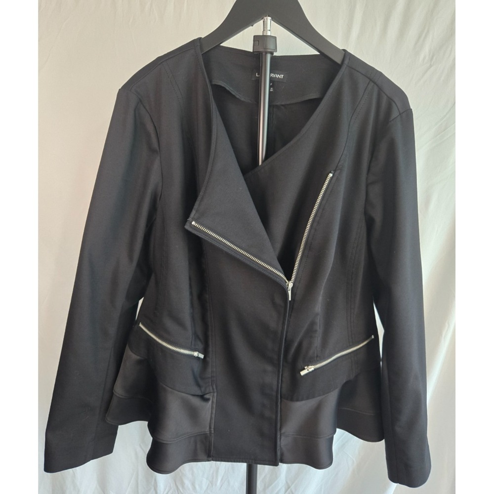 Lane Bryant‎ Moto Jacket Black Peplum Ruffle Hem Asymmetrical Zip Stretch Sz 20P